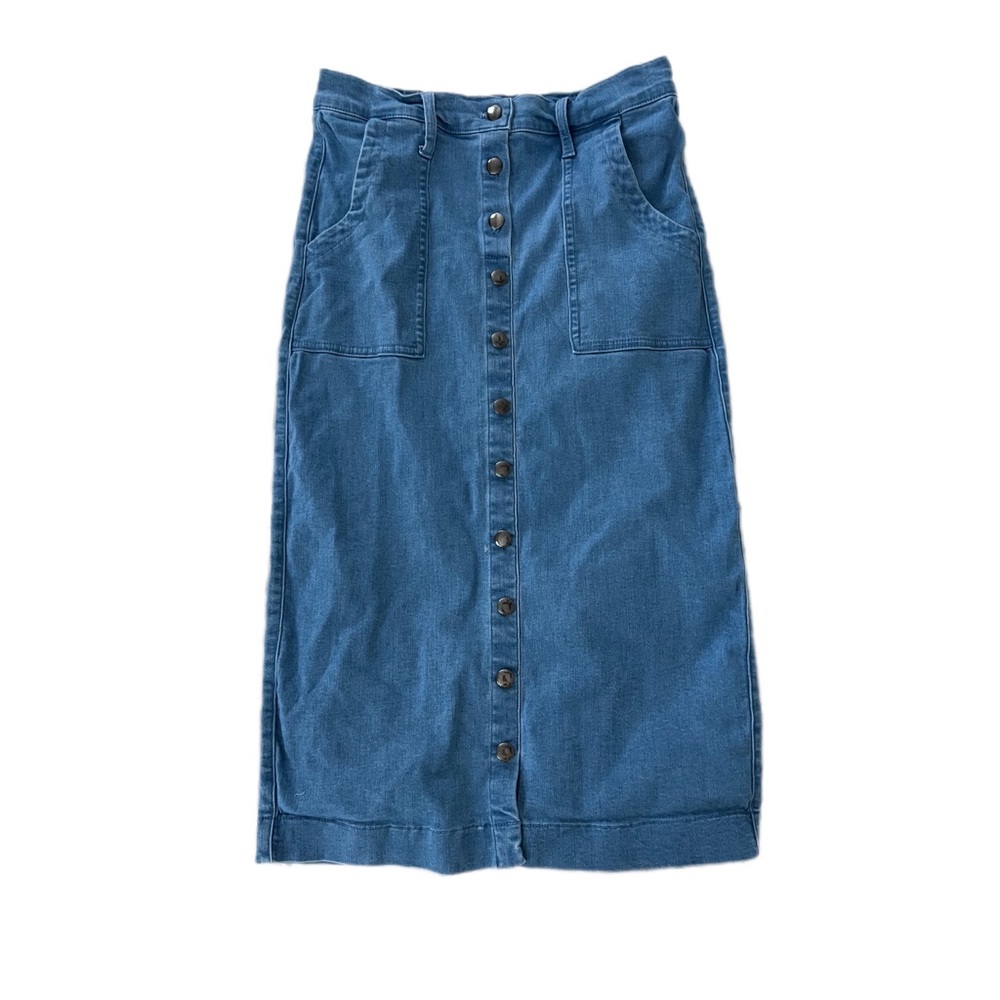 Inherit knee length high waisted denim skirt XS